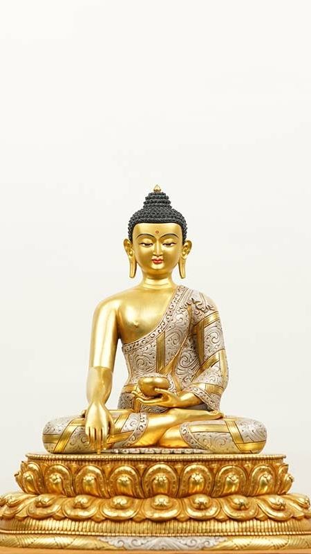 Tibetan Buddhist Shakyamuni Buddha statue silver inlay detail, handcrafted Buddha Statue-Art showing fine metalwork and sacred proportions