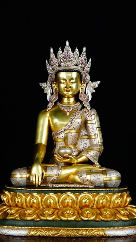 Handcrafted Tibetan Buddhist Shakyamuni Buddha statue with gilt silver inlay, made of purple copper, authentic Tibetan Buddhist statues and Buddha Statue-Art