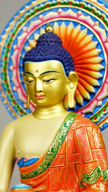 "Tibetan-Buddhist Shakyamuni Buddha Statue, hand-painted with vibrant mineral pigments. Perfect for meditation rooms and mindfulness practices."