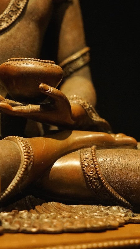 Handmade Tibetan Buddhist Shakyamuni Buddha Statue in copper and mineral pigments, a spiritual masterpiece for your home or office shrine.