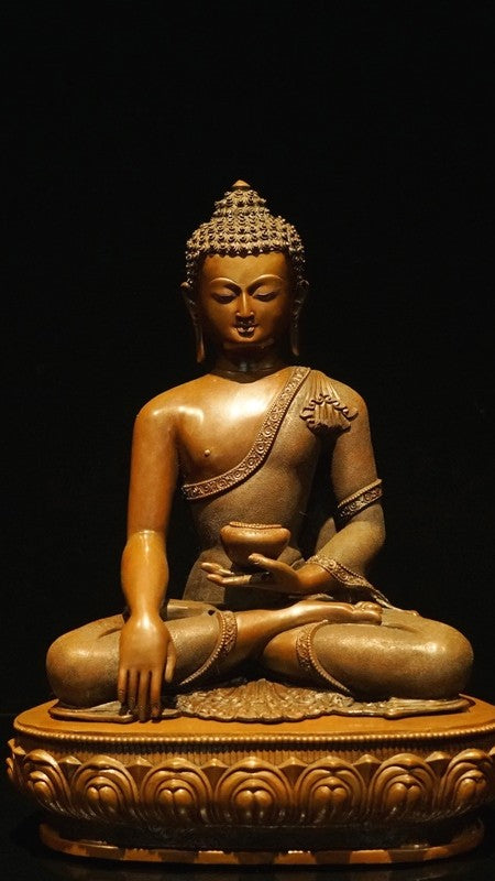 Handmade Tibetan Buddhist Shakyamuni Buddha Statue in copper and mineral pigments, a spiritual masterpiece for your home or office shrine.