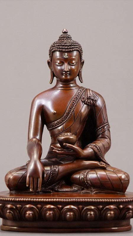 Handmade Tibetan Shakyamuni Buddha Statue in copper with mineral pigments, symbolizing wisdom, compassion, and spiritual awakening – Ideal for meditation spaces.