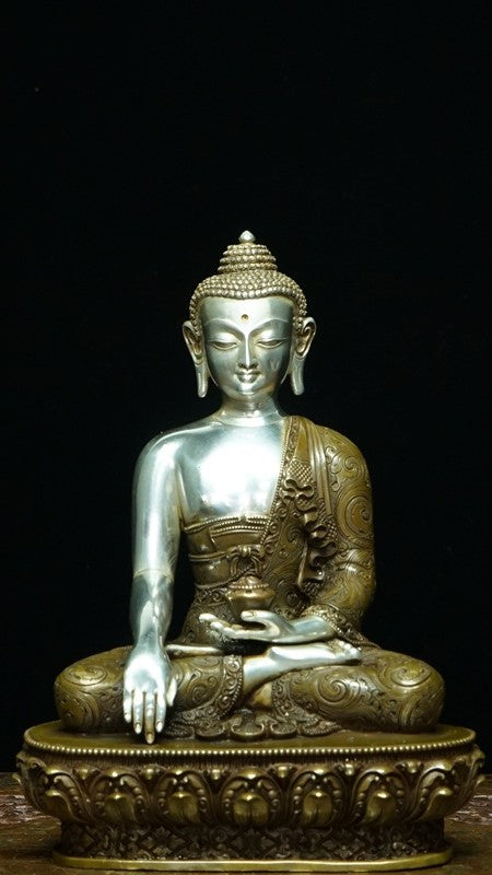 Handcrafted Shakyamuni Buddha Statue with Pure Silver and Bronze, Featuring Mineral Pigments – Symbolizing Wisdom and Enlightenment
