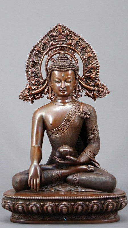 Shakyamuni Buddha Statue crafted from copper and mineral pigments, handmade with care, ideal for enhancing your home, spiritual, or healing space.