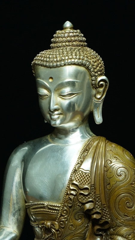 Handmade Shakyamuni Buddha Statue in Silver & Bronze, Detailed with Mineral Pigments – A Sacred Piece for Home, Shrine, or Meditation Space
