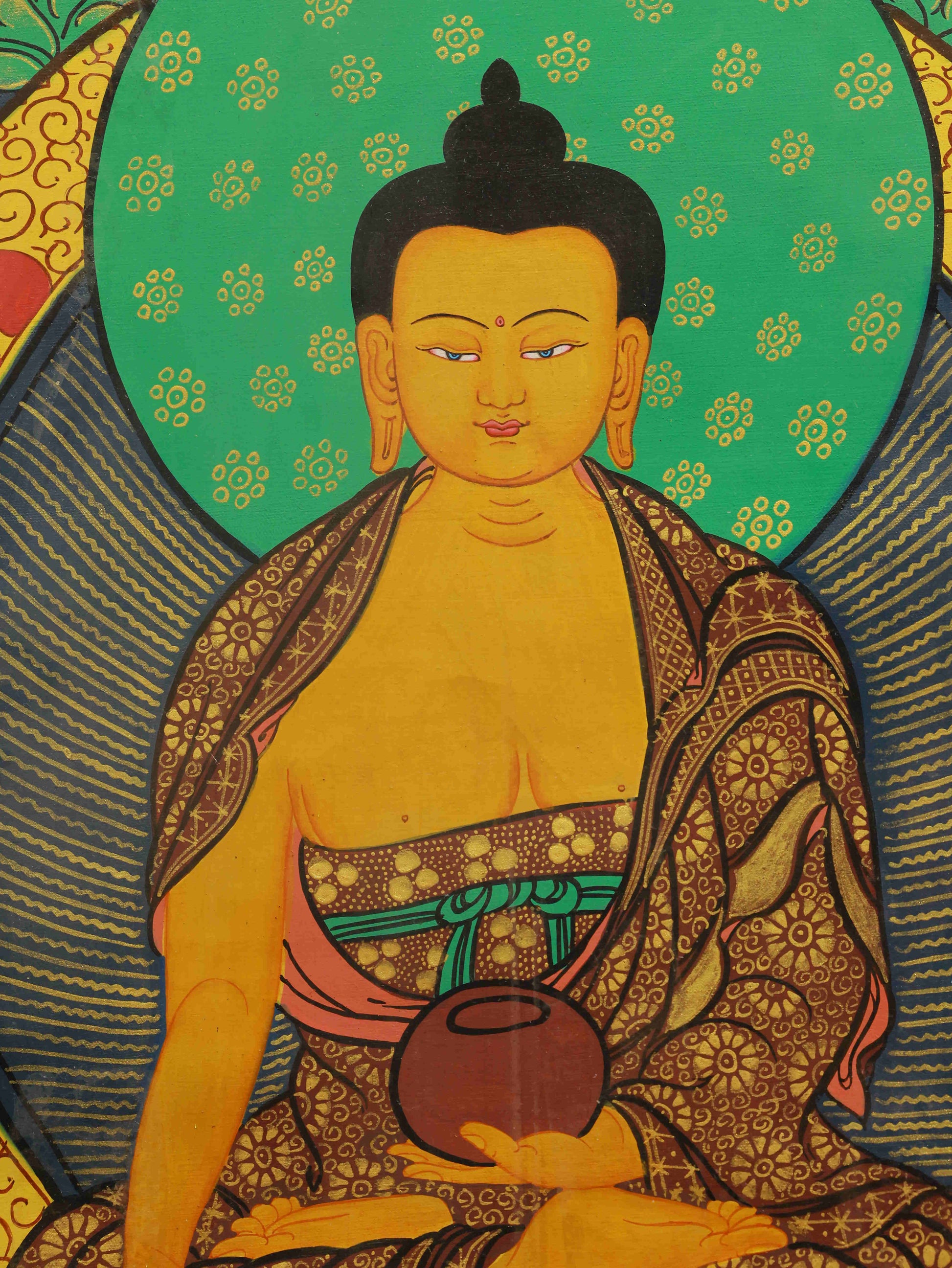 Handcrafted Tibetan Buddhist Thangka of the historical Buddha in meditation pose.