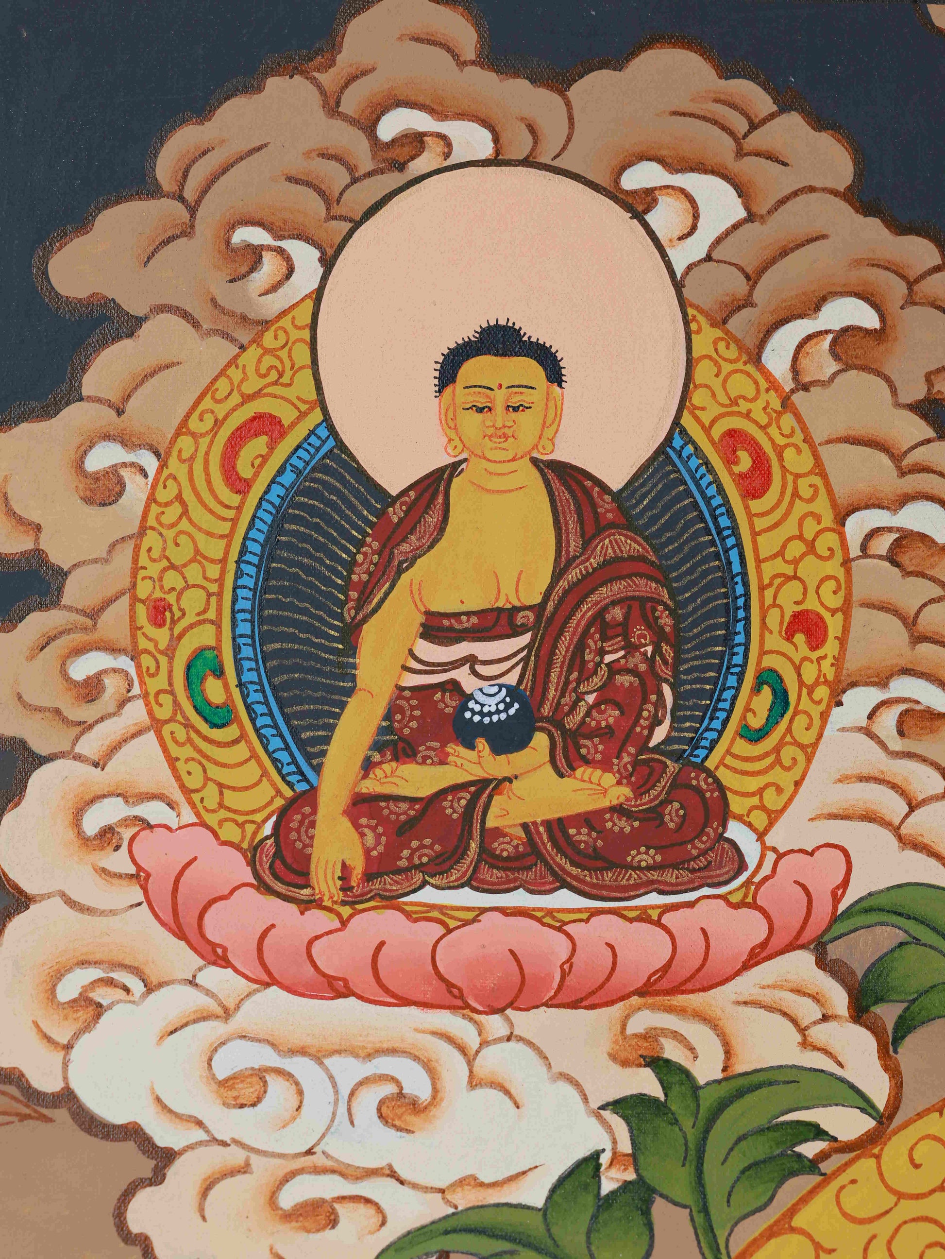 Traditional Tibetan Buddhist art piece of Shakyamuni Buddha Thangka symbolizing inner peace and mindfulness.