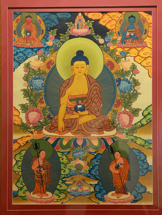 Hand-painted Tibetan Shakyamuni Buddha Thangka symbolizing enlightenment and peace.