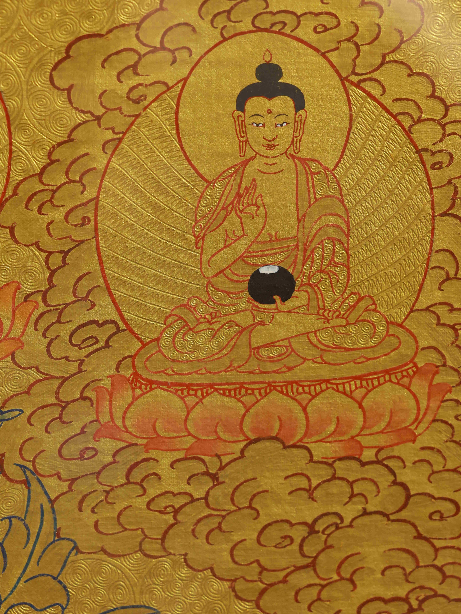 Sacred Tibetan-Buddhist Shakyamuni Buddha Thangka art, handmade on canvas with mineral pigments, ideal for home altar or Buddhist decor.