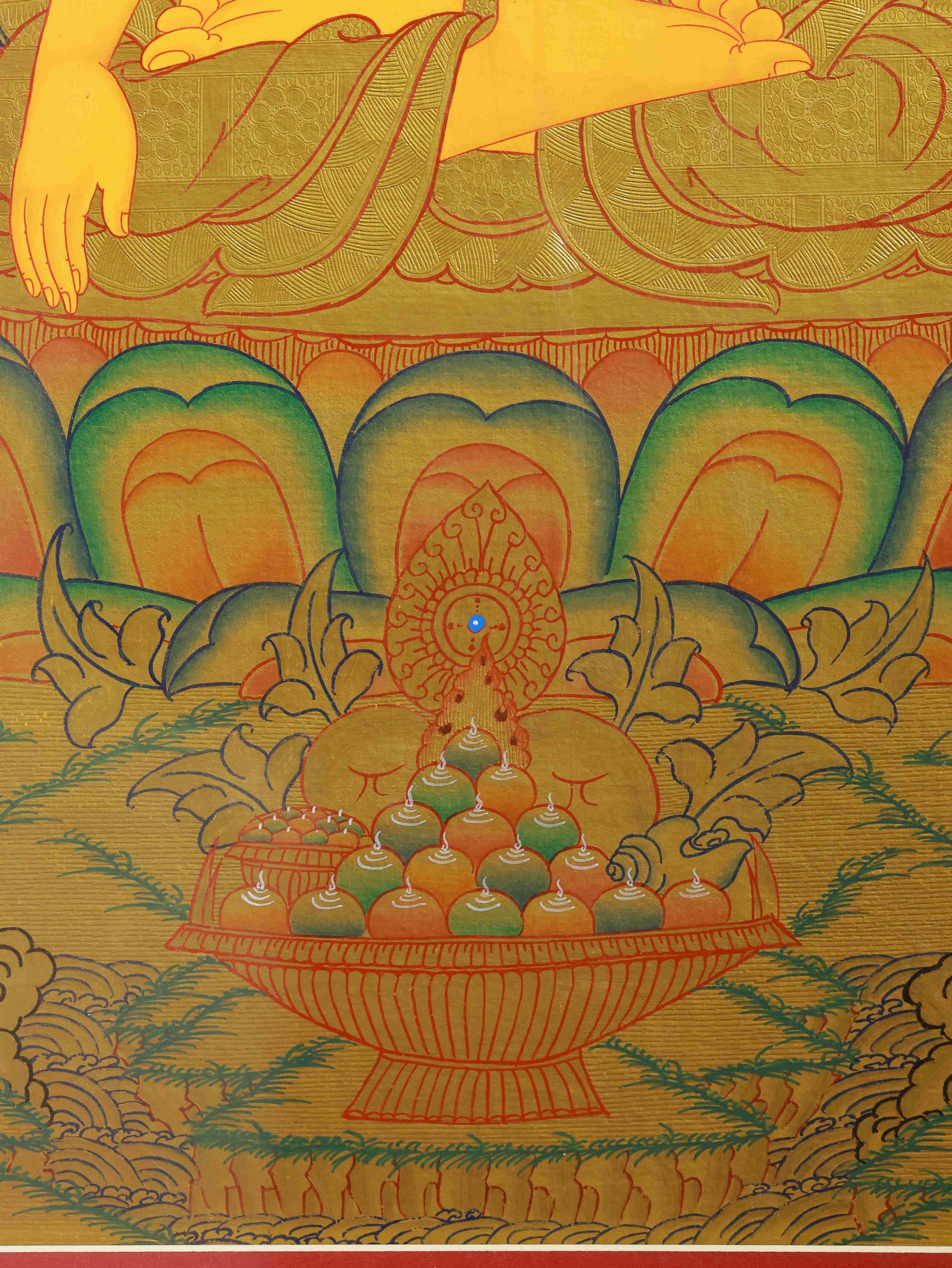 Exquisite Tibetan-Buddhist handmade Shakyamuni Buddha Thangka art using mineral pigments, representing enlightenment and balance.