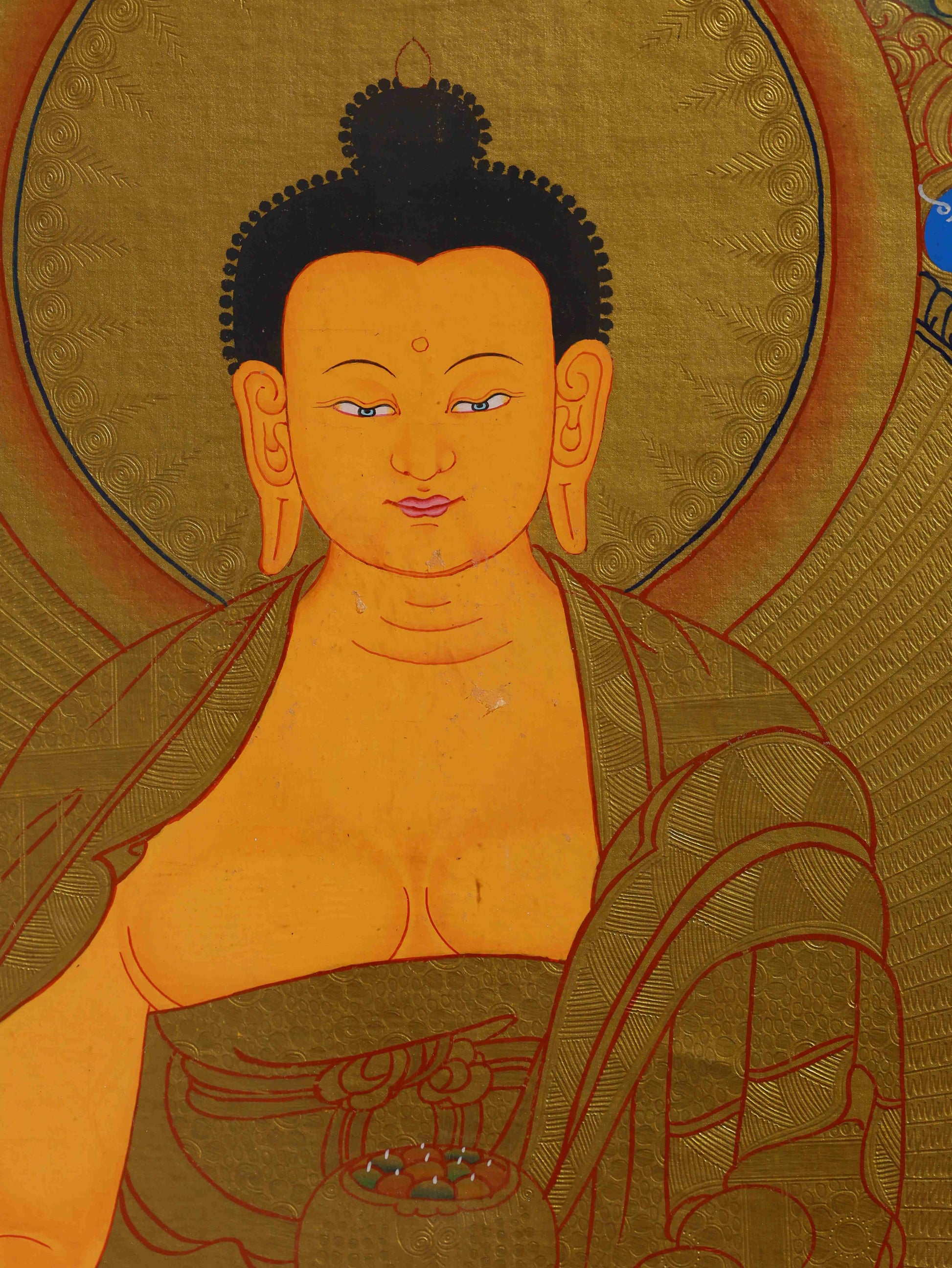 Traditional Tibetan-Buddhist Shakyamuni Buddha Thangka painting, hand-painted masterpiece of authentic Tibetan Buddha art style.