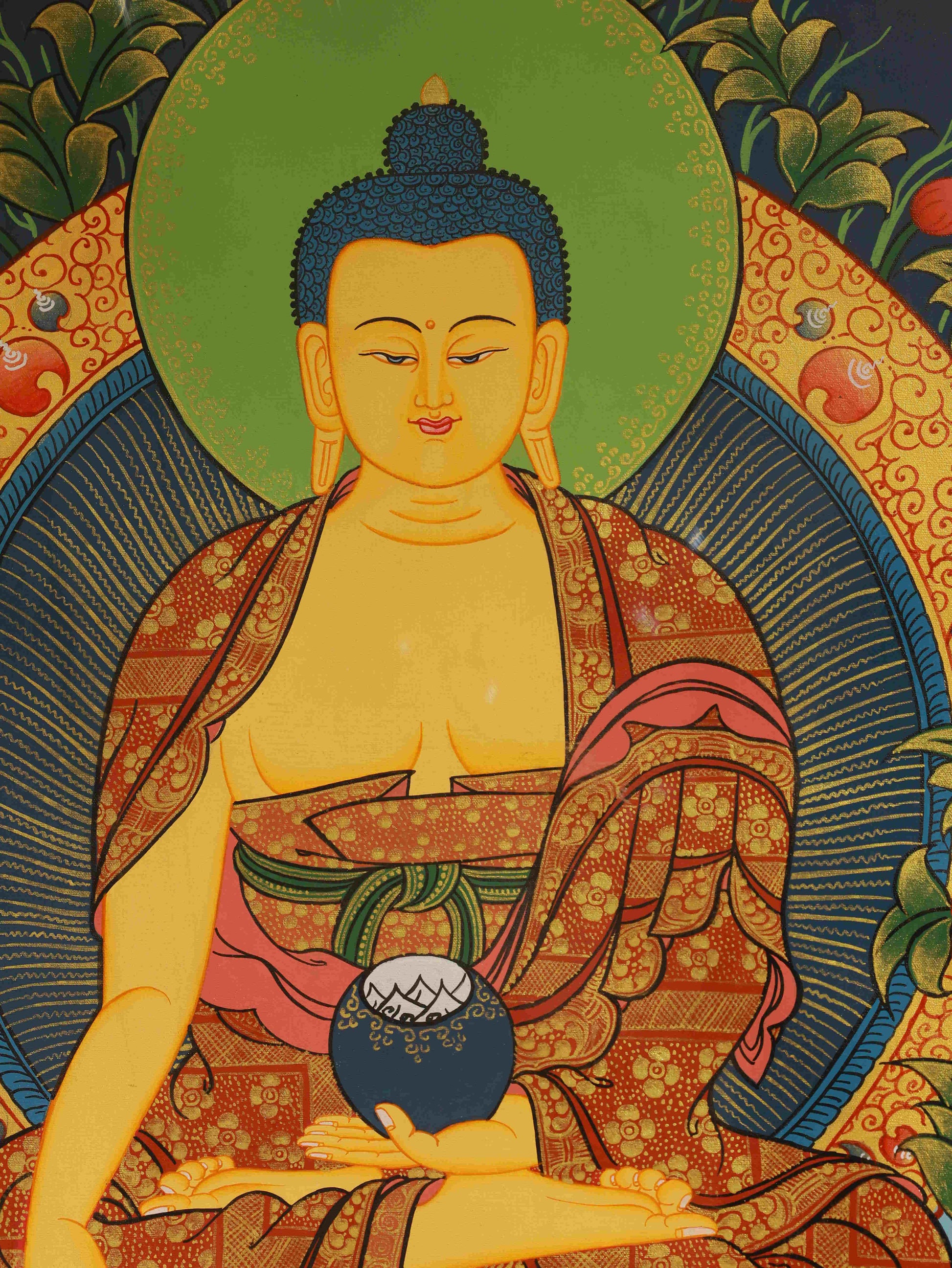 Tibetan Buddhist Thangka of Shakyamuni Buddha, painted on thangka canvas with authentic mineral pigments and spiritual artistry.