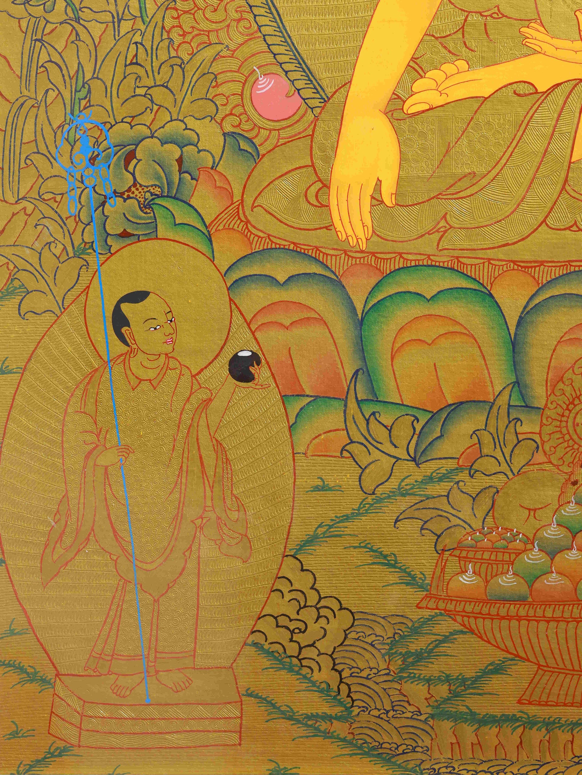 Luxury handmade Tibetan-Buddhist Shakyamuni Buddha Thangka, a fine Tibetan Buddha art collectible representing mindfulness and compassion.