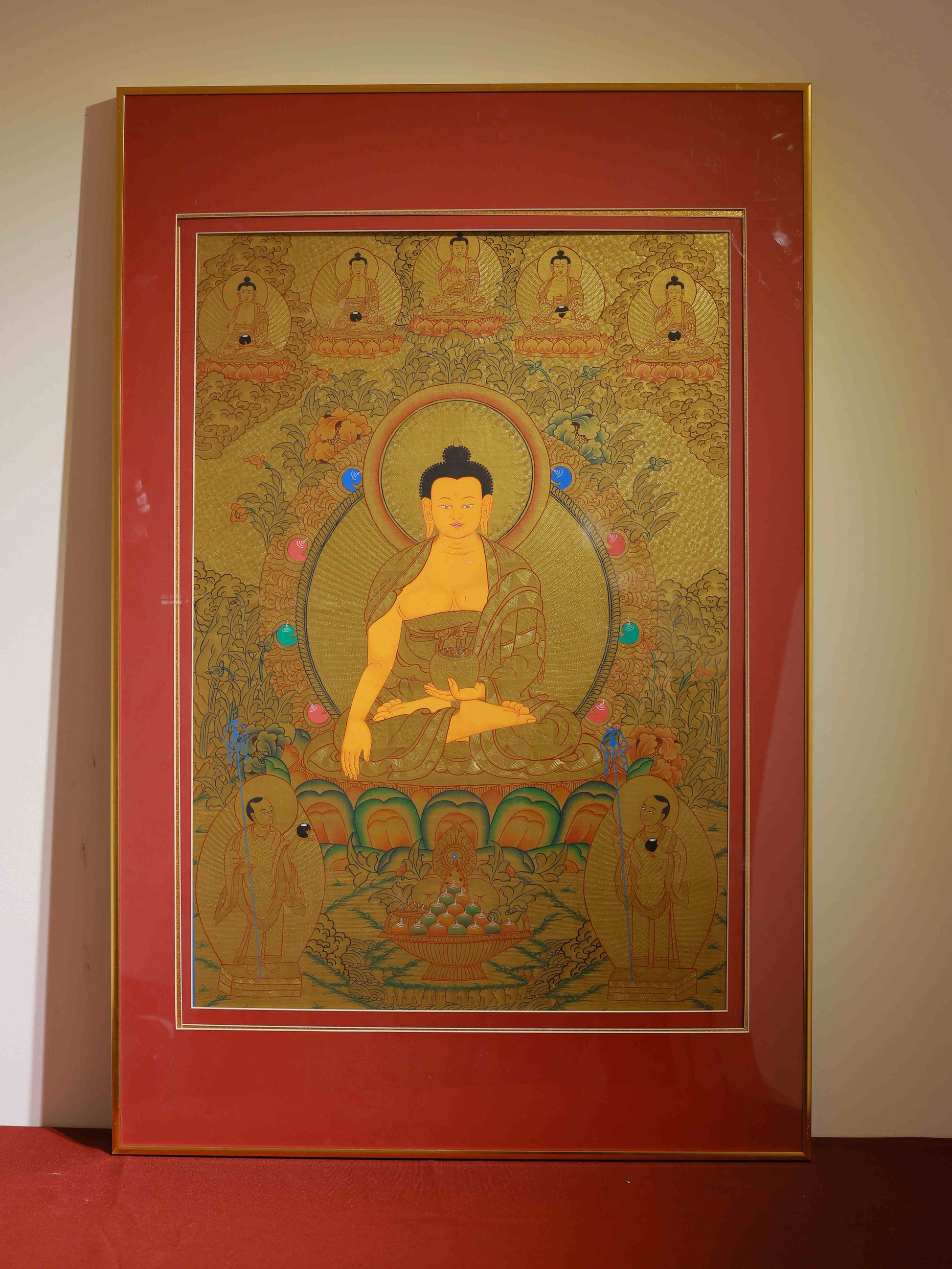 Masterpiece Tibetan-Buddhist Shakyamuni Buddha Thangka, hand-painted using traditional methods, showcasing Tibetan Buddha art excellence.