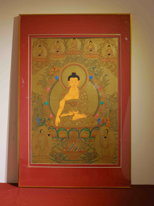 Masterpiece Tibetan-Buddhist Shakyamuni Buddha Thangka, hand-painted using traditional methods, showcasing Tibetan Buddha art excellence.
