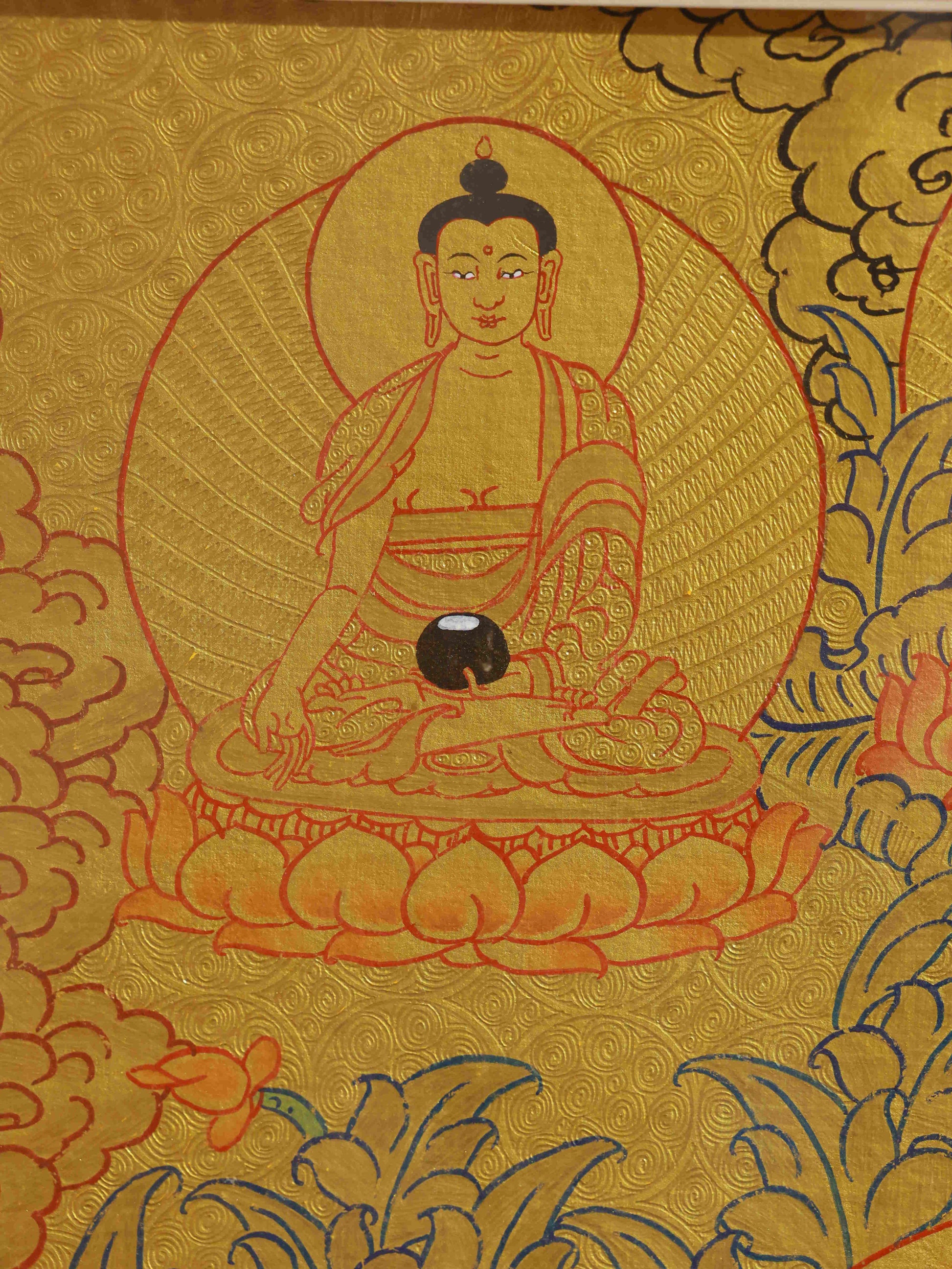 Authentic Tibetan-Buddhist Shakyamuni Buddha Thangka painting in Himalayan style, crafted with mineral pigments and deep spiritual symbolism.