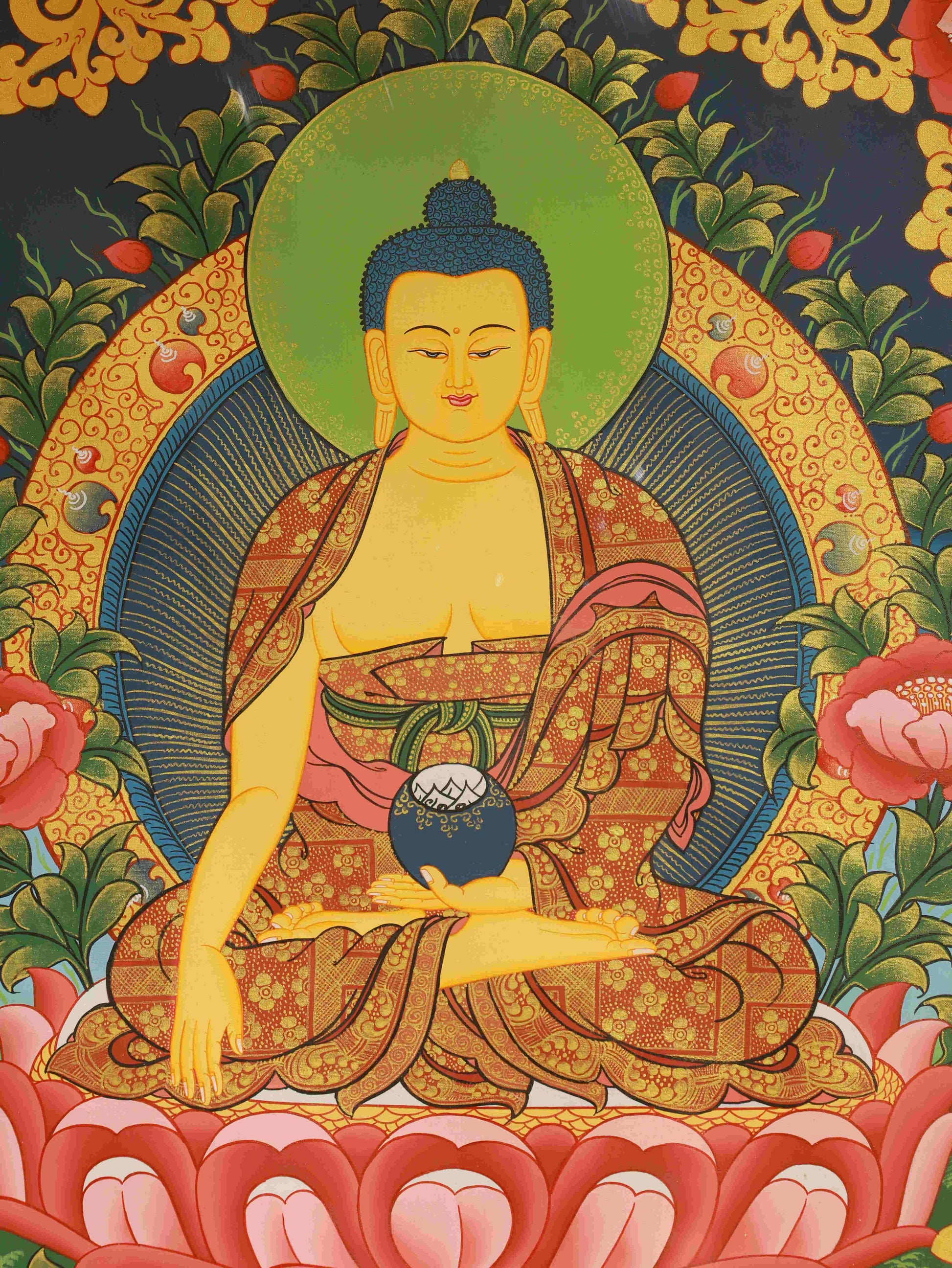Handmade sacred Buddha Thangka in Tibetan Buddhist style, depicting Shakyamuni with intricate details and traditional Buddha art elements.