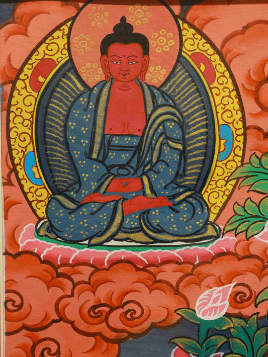 Tibetan Buddhist Thangka painting of Shakyamuni Buddha surrounded by the twelve zodiac symbols.