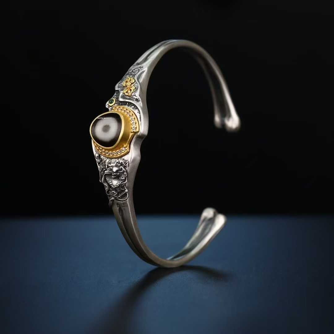 Tibetan Buddhist Shitala Master bracelet, handcrafted in silver with fine inlay, sacred jewelry.