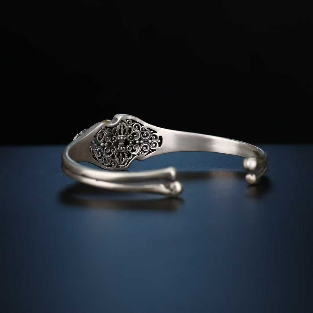 925 silver Shitala Master bracelet, handcrafted Tibetan Buddhist jewelry with inlay design.