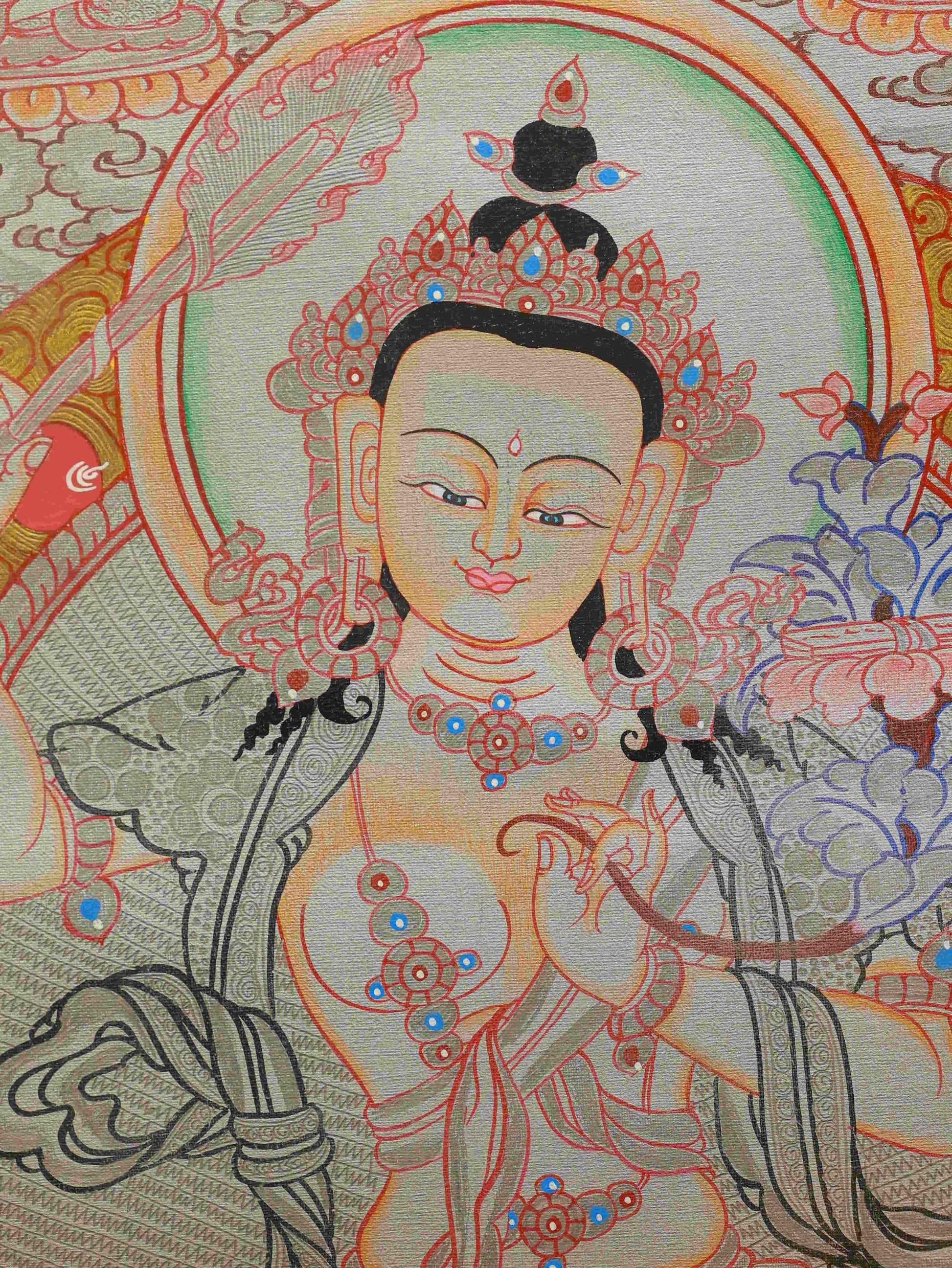 Handcrafted Tibetan Silver Foil Manjushri Thangka for home or shrine.