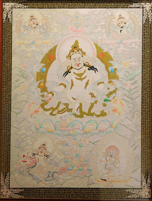 Hand-painted Tibetan Buddhist Silver Foil Yellow Jambhala Thangka Painting – traditional Tibetan art of wealth deity.