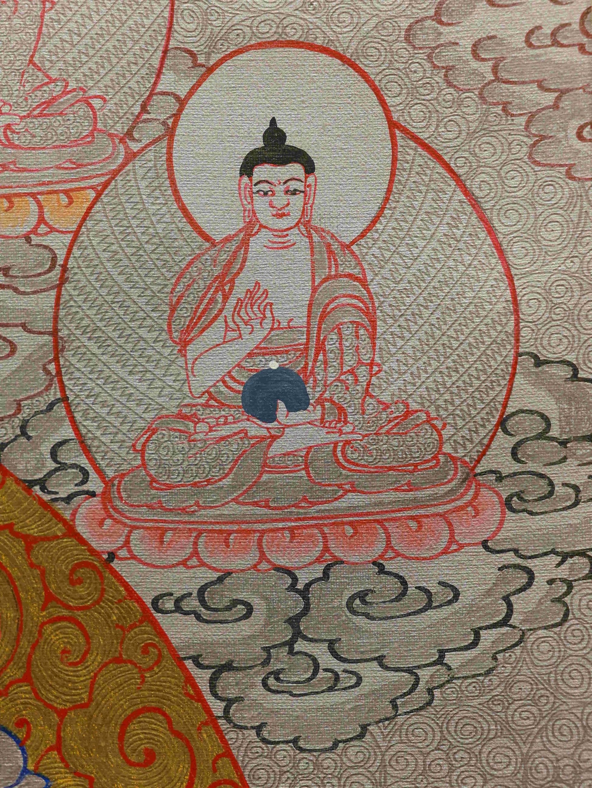 Silver Foil Manjushri Thangka depicting the Bodhisattva of Wisdom.