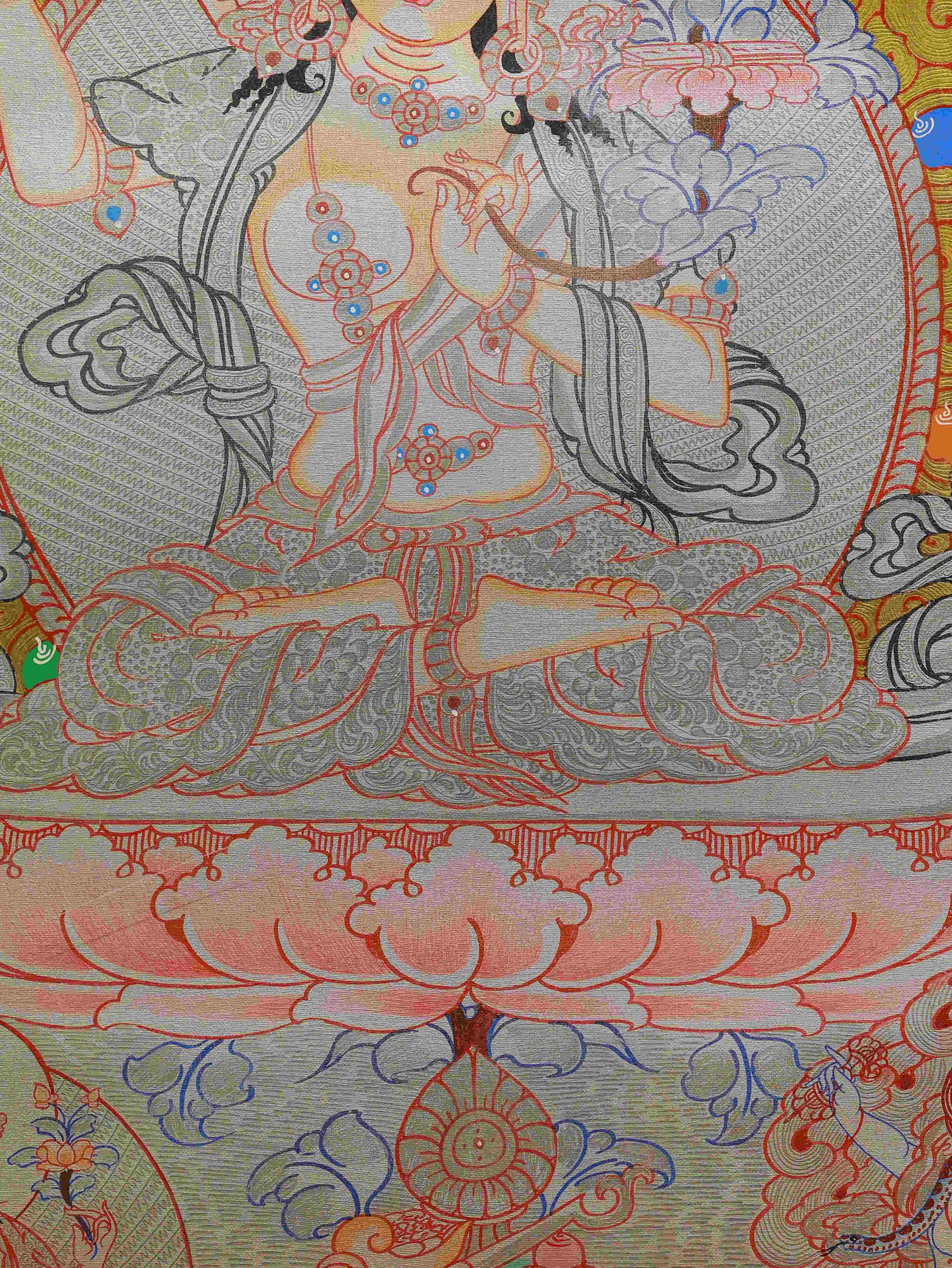 Tibetan Thangka painting of Silver Foil Manjushri for mindfulness and insight.