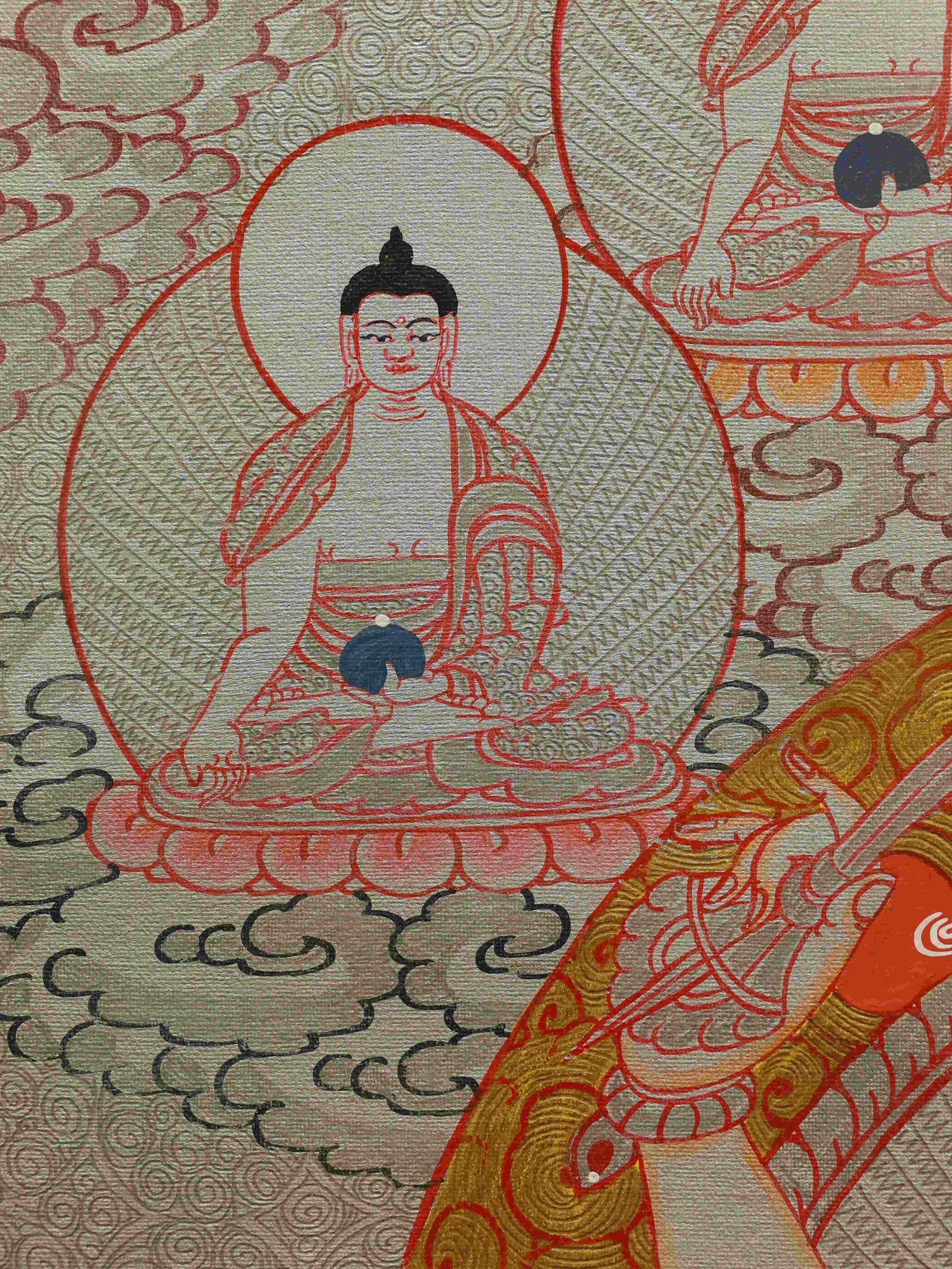 Hand-painted Silver Foil Manjushri Thangka with sacred Tibetan details.