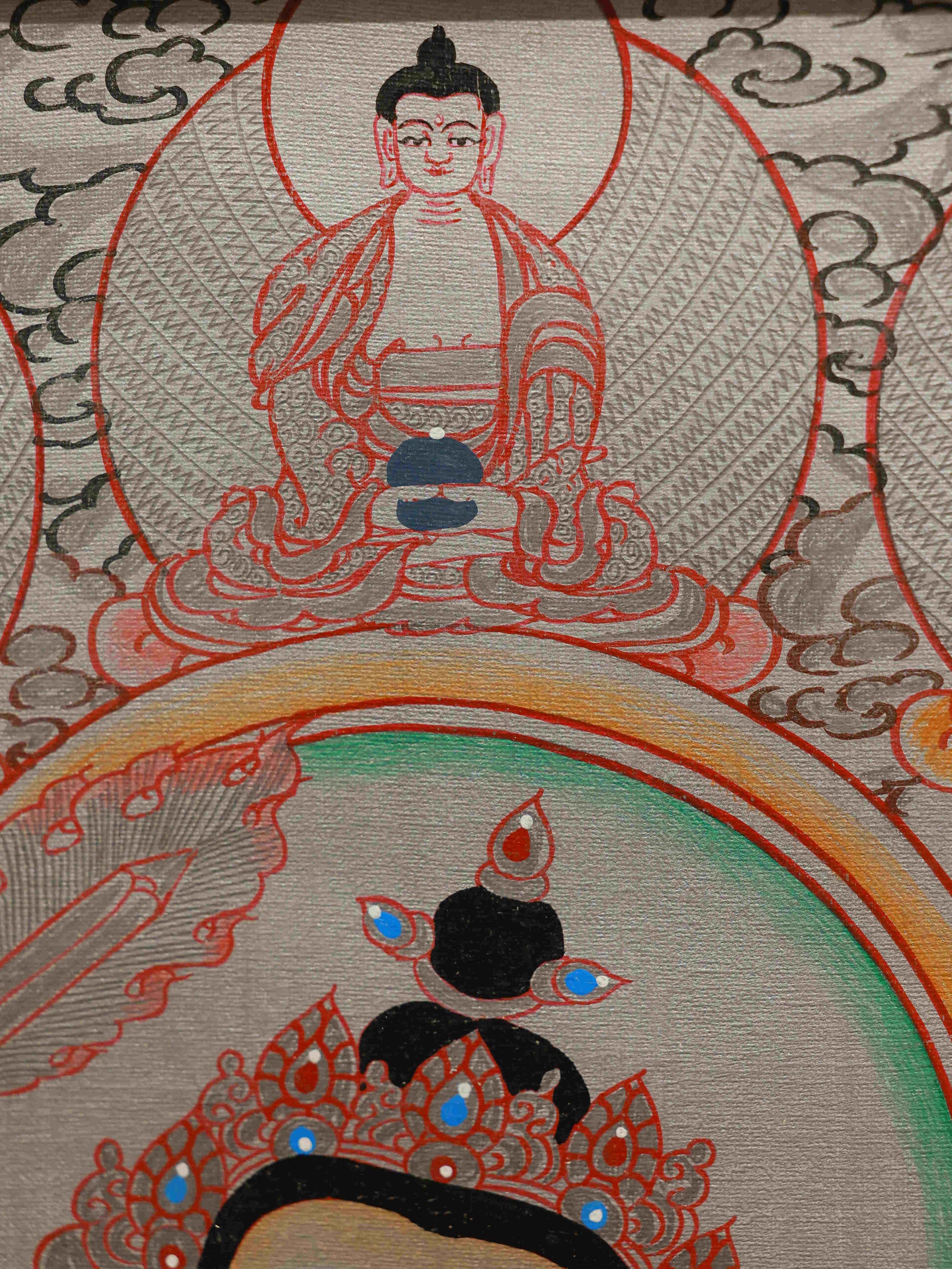 Traditional Tibetan Silver Foil Manjushri Thangka painting on canvas.