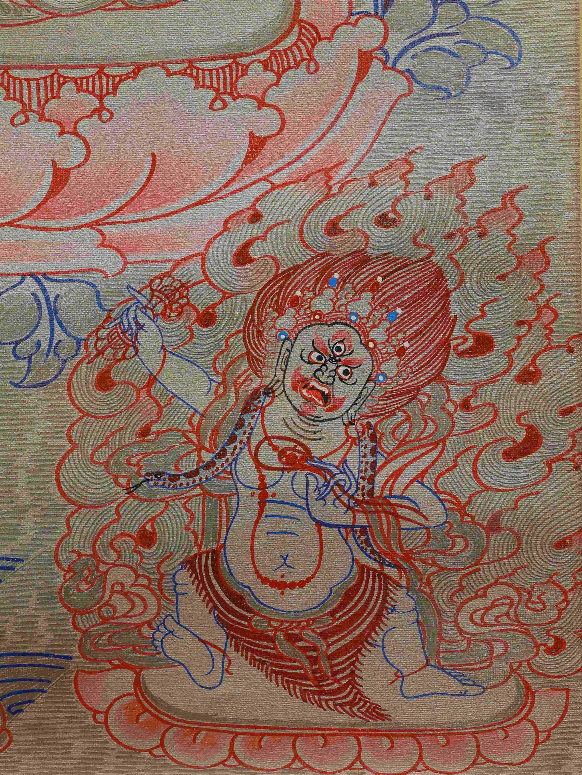 Authentic handmade Silver Foil Manjushri Thangka for meditation space.