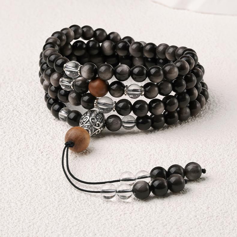 Tibetan Buddhist silver obsidian 108 mala necklace handcrafted with old sandalwood white crystal and silver connector
