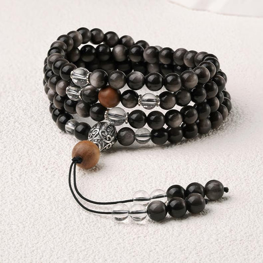 Tibetan Buddhist silver obsidian 108 mala necklace handcrafted with old sandalwood white crystal and silver connector