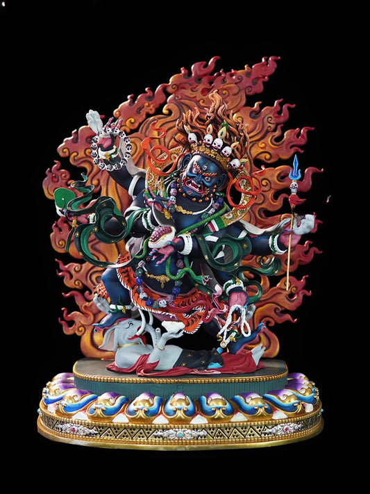 Hand-painted Tibetan Buddhist six-armed Mahakala brass statue, handmade deity figure, traditional Tibetan Buddhist statues craft.
