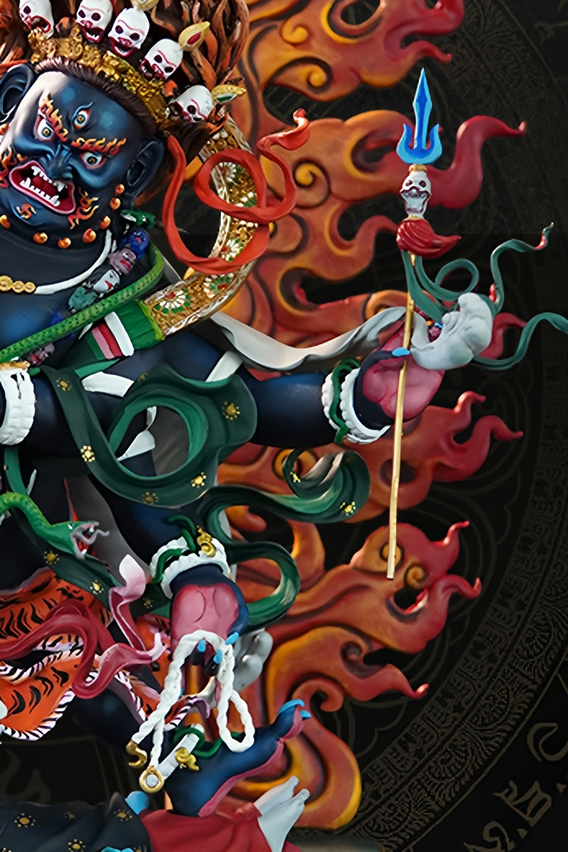 Hand-painted Tibetan Buddhist six-armed Mahakala Zhamaraha statue, handmade brass artwork, traditional Tibetan Buddhist statues piece.