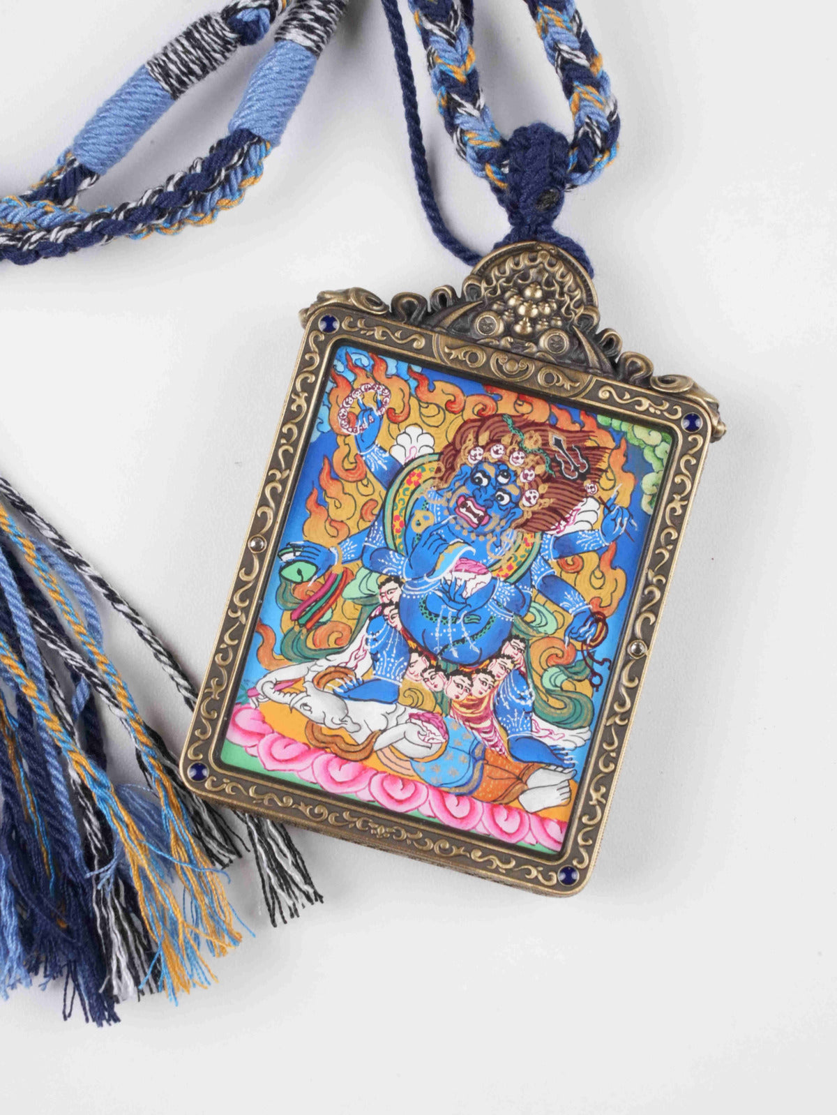 Six-Armed Mahakala Tibetan Thangka painting pendant symbolizing spiritual strength and obstacle removal.