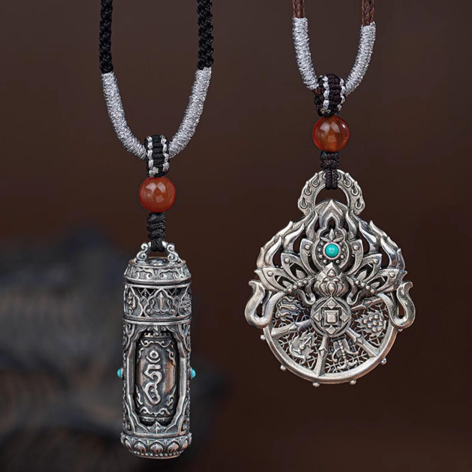 Tibetan Buddhist Six Treasures Mantia and Golden Wheel Crown Pendant in 925 Silver