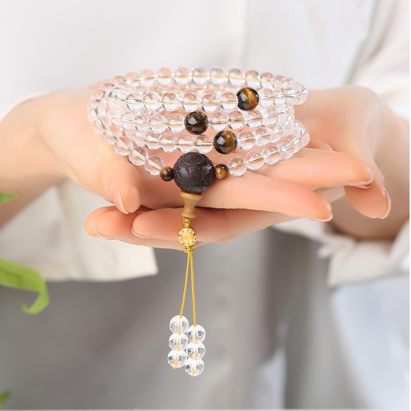 Spiritual Tibetan Buddhist 108 beads mala representing purity, wisdom, and tranquility.