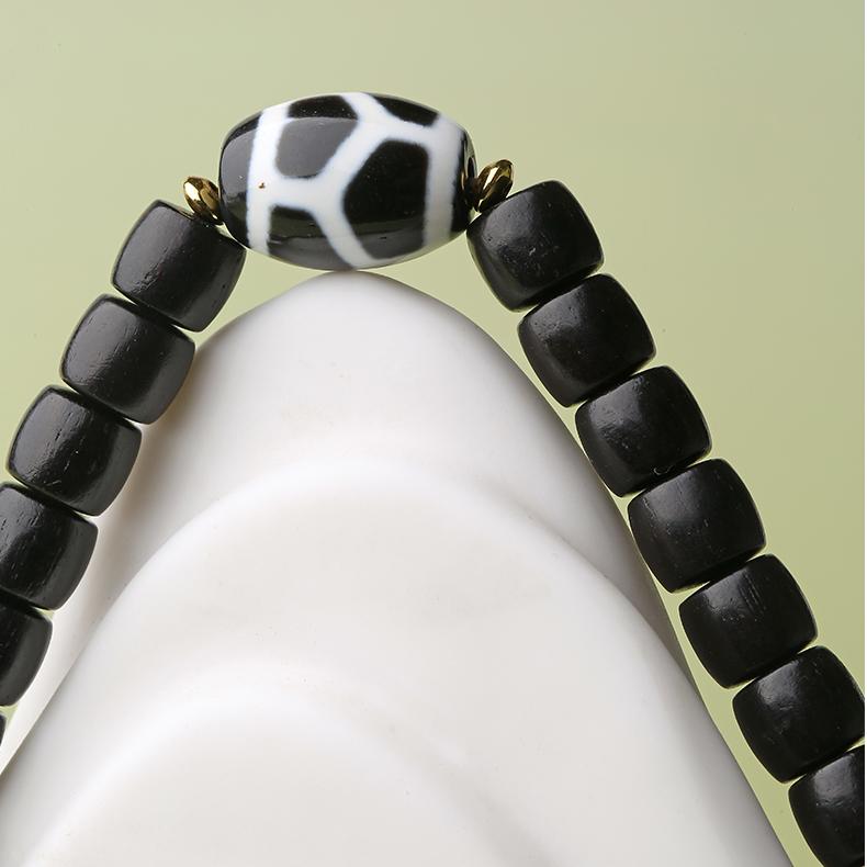 Tibetan-Buddhist multi-wrap black ebony agate bracelet with copper spacers and charm pendant