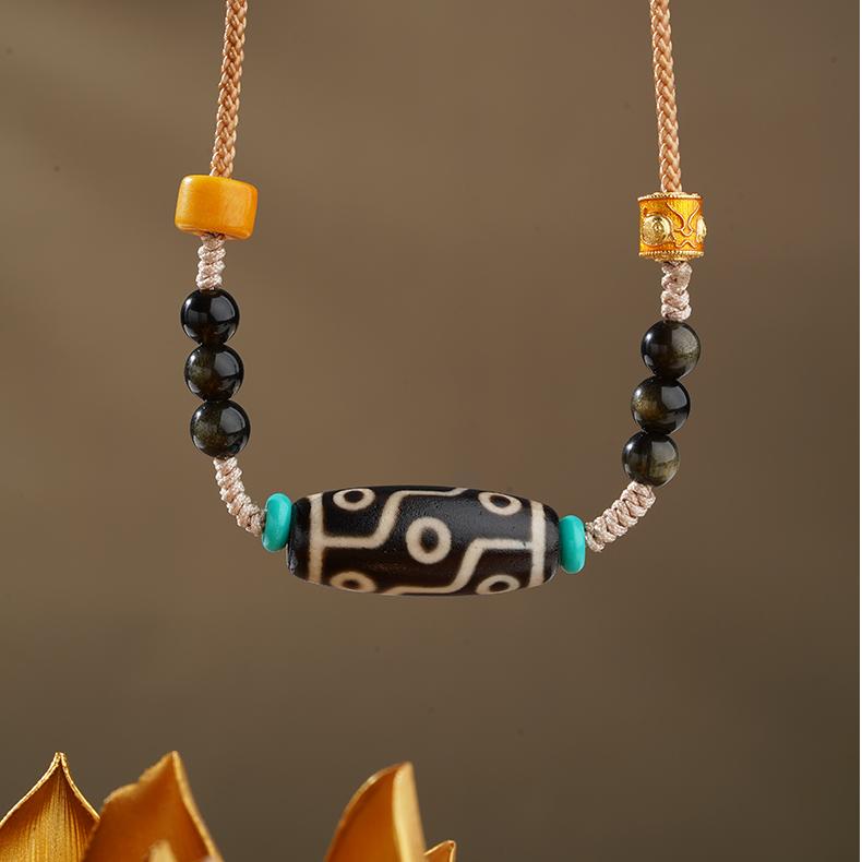 Tibetan Buddhist Agate Nine Eyes Pendant Necklace with Golden Obsidian – Handcrafted Spiritual Amulet