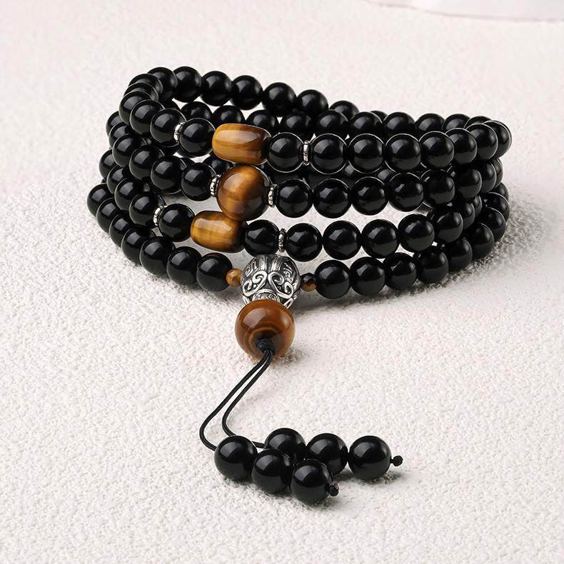 Tibetan Buddhist obsidian and tiger eye 108 mala necklace handcrafted with 925 silver connector