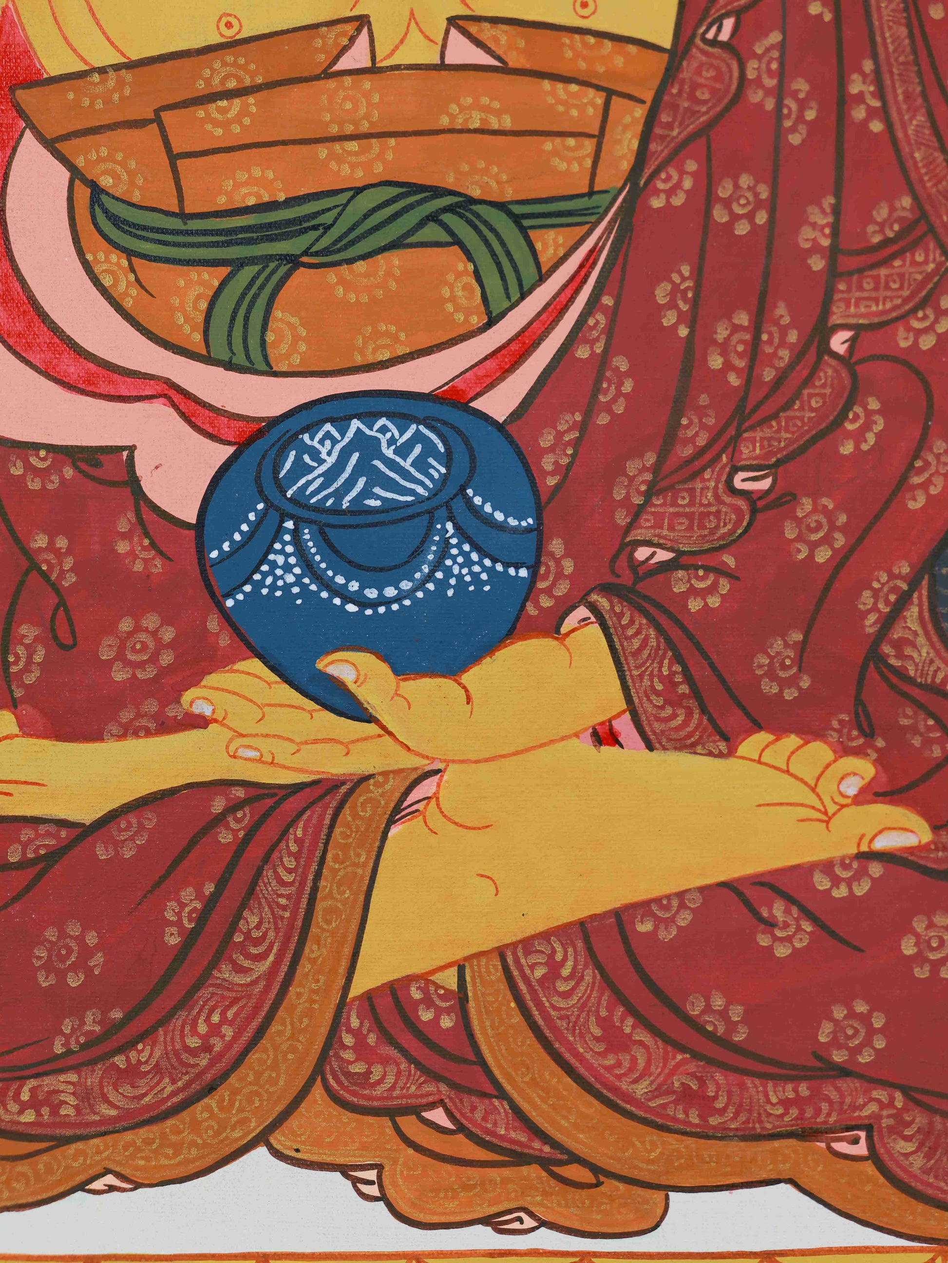 Golden-tone Tibetan Buddhist Shakyamuni Buddha Thangka painting with detailed sacred motifs and vivid mineral hues.