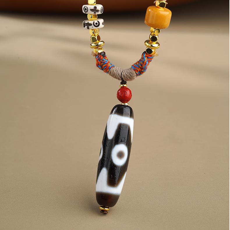 Three Eyes Agate Bead Pendant with Copper Beads and Spacers for Meditation