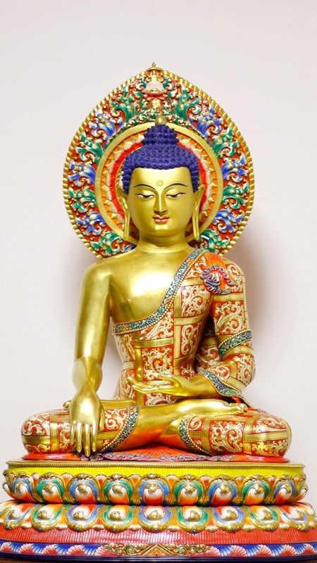 Painted Siddhartha Gautama Buddha Statue, Gilt Finish, Traditional Tibetan Buddhist Art
