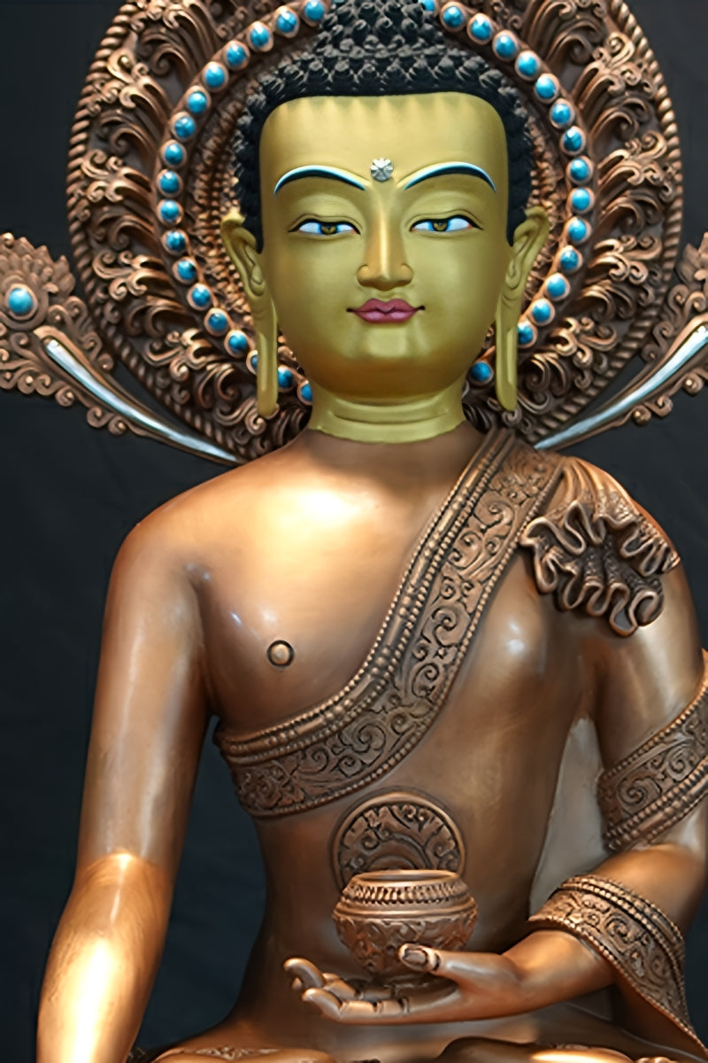 A handmade brass Buddha statue of Sakyamuni, the Enlightened One. This Tibetan Buddhist statue serves as a powerful reminder of the path to wisdom and liberation.