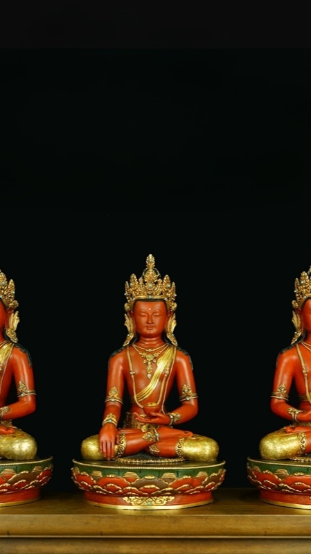 Tibetan Buddhist Three Buddhas Statue with Mineral Paint - Handcrafted Tibetan Buddhist Statues and Buddha Art