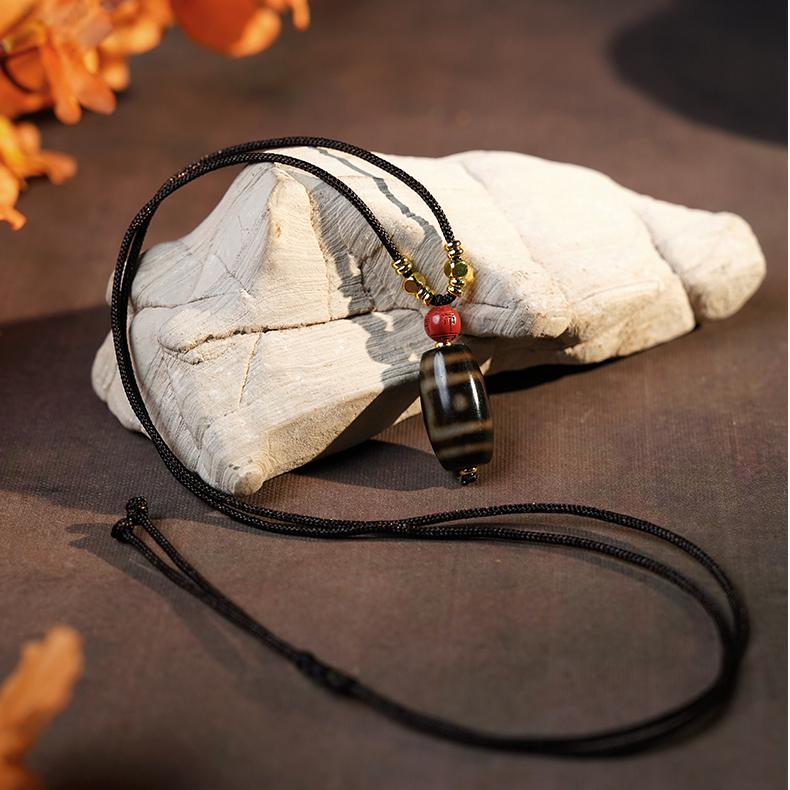 Tibetan Buddhist Agate Bead Pendant – Sun, Moon & Stars Necklace with Copper Spacers