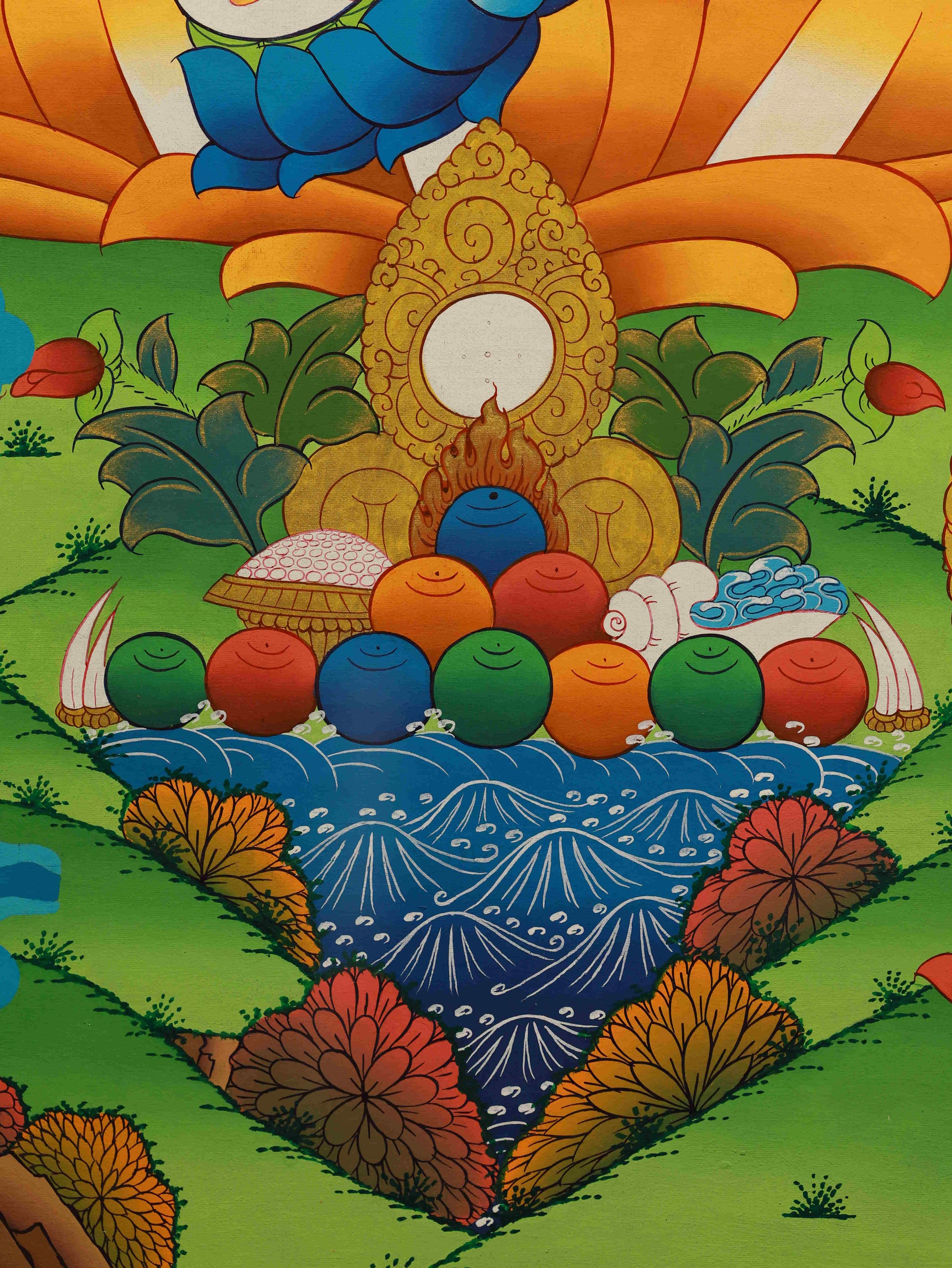 Tibetan Thangka painting of Yellow Dzambhala for attracting prosperity and harmony.