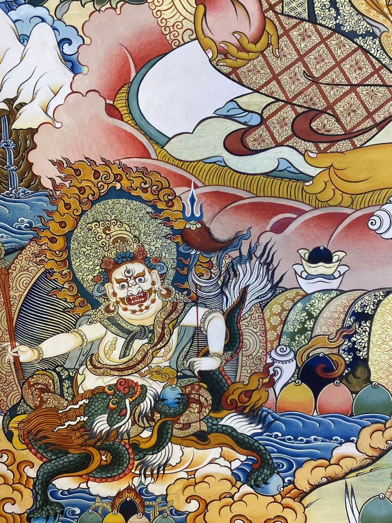 Tibetan Buddhist Thangka of Five Ways of Wealth Gods, a symbol of prosperity and protection.