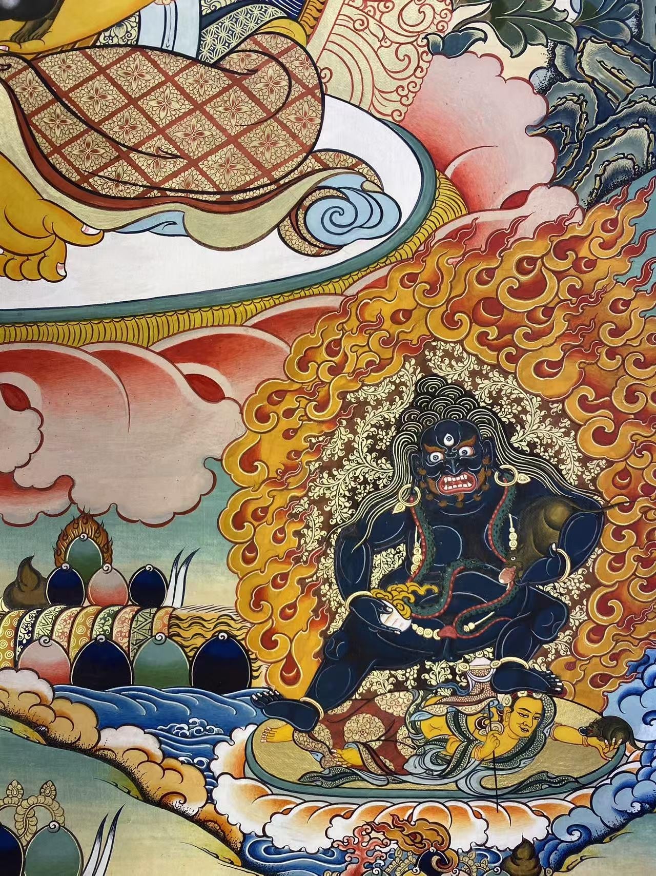 Tibetan Buddhist Thangka Art featuring Five Ways of Wealth Deities for spiritual and material blessings.